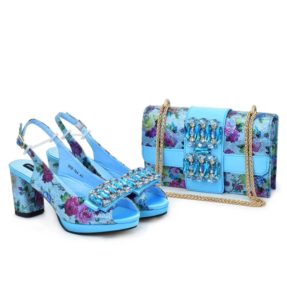 Chic yellow peep toe pumps embellished with rhinestones, displayed alongside a coordinated handbag, embodying luxury for sophisticated women.