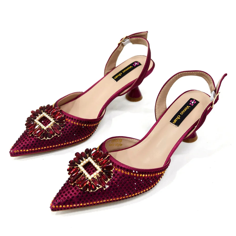 Matching handbag set with metal handle, designed to complement elegant women's party shoes, ideal for upscale events.