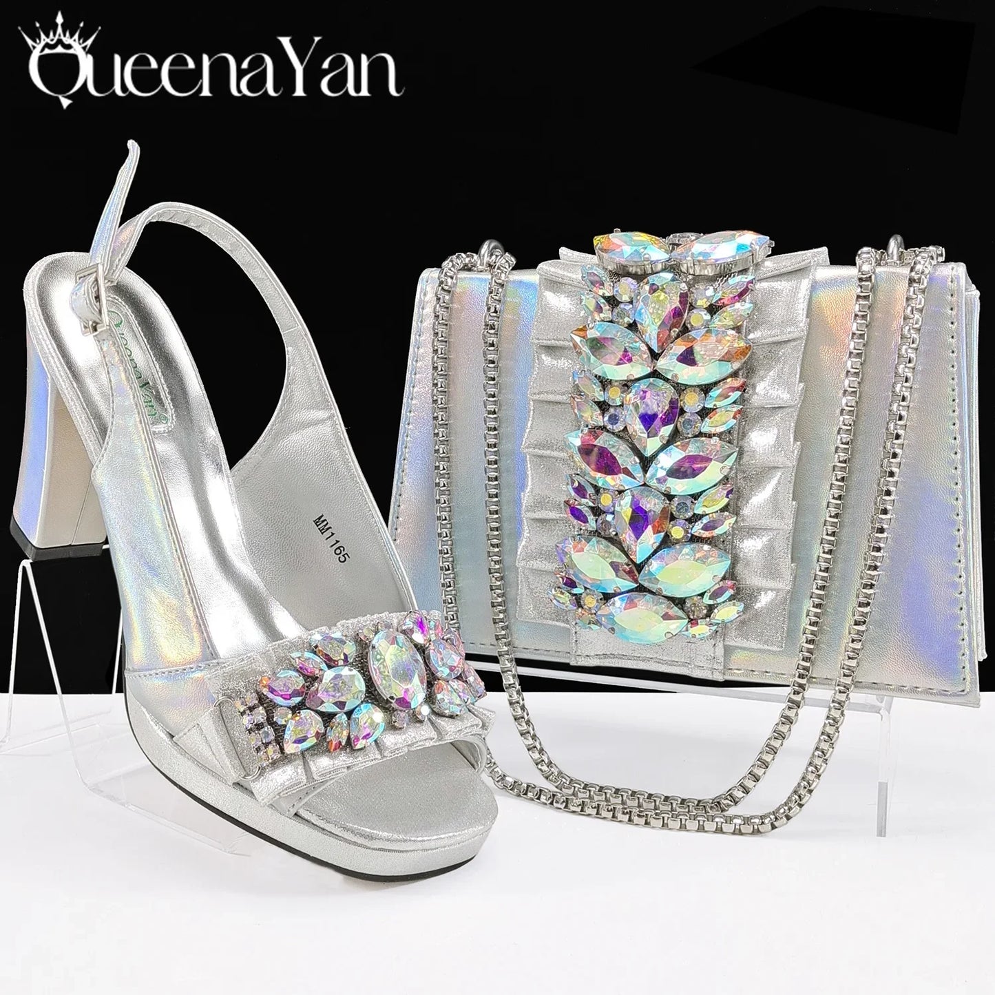 Luxurious gold women's high-heeled shoes with a stunning rhinestone detail, complementing a chic handbag set for special events.