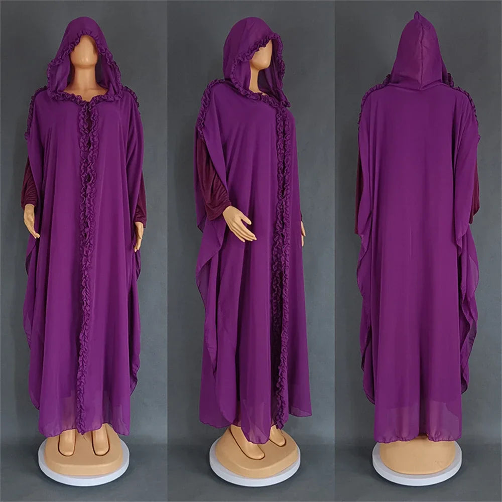 Elegant full-length shot of the women’s khimar abaya set, illustrating the loose fit and beautiful chiffon material for ultimate comfort.