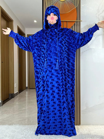 Luxurious velvet fabric Muslim abaya in elegant Dubai Turkey style, featuring two stunning hats for Islamic prayer.