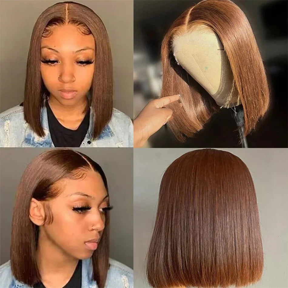 Elegant close-up view of the 13x4 Lace Front Chocolate Brown Bob Wig, highlighting the natural hairline and soft Swiss lace material for a flawless finish.
