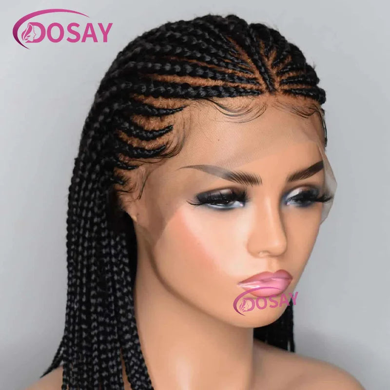 Close-up view of the handmade Swiss lace and baby hair detailing on a 32" black braided wig for an elegant and realistic appearance.