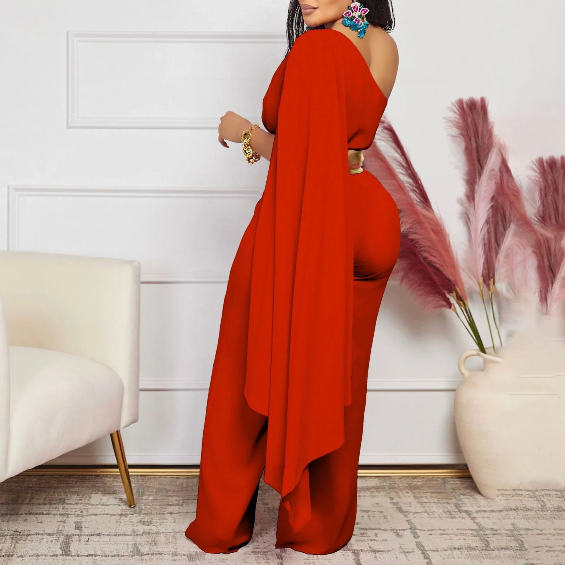 Elegant one shoulder high waisted jumpsuit for women featuring stylish flying sleeves, perfect for all seasons.
