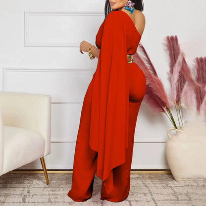 Elegant one shoulder high waisted jumpsuit for women featuring stylish flying sleeves, perfect for all seasons.
