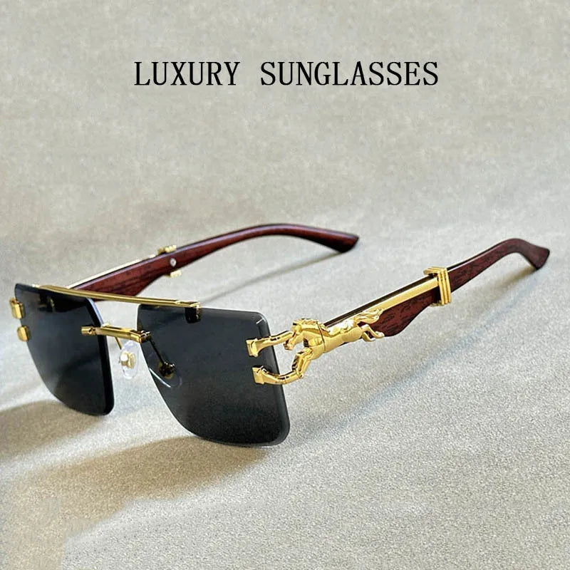 Fashionable luxury square rimless sunglasses displayed against a minimalist backdrop, emphasizing their stylish design and superior UV400 lens quality.