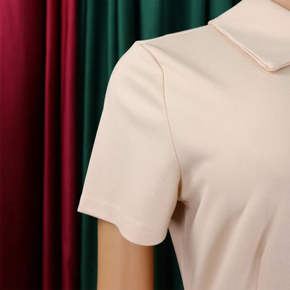 Close-up view of the luxurious polyester and spandex fabric of the high-waisted knee-length evening dress, designed for a flattering silhouette.