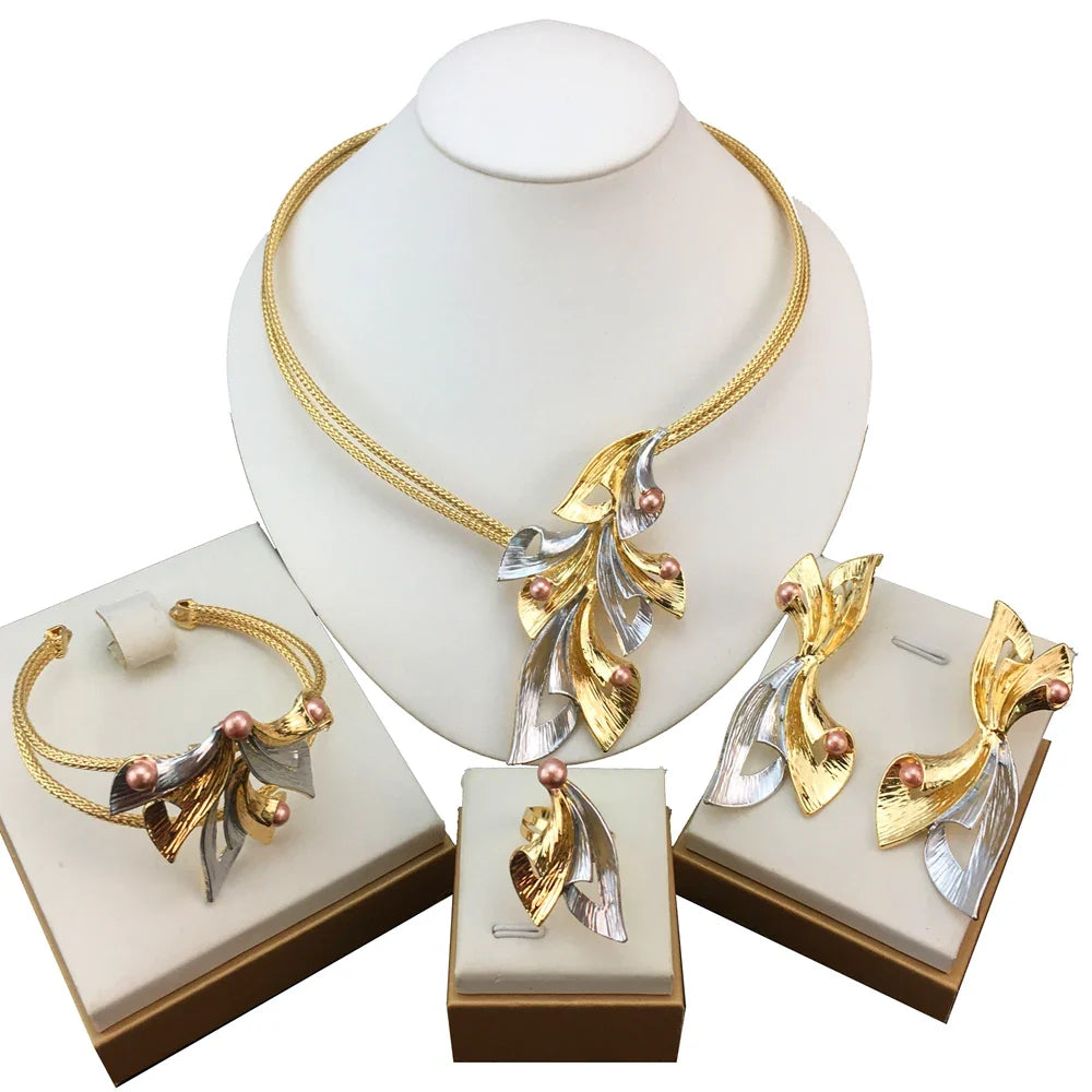 Complete Luxury Brazilian African bride jewelry set displayed elegantly, comprising necklace, bracelet, earrings, and ring, all crafted with premium materials.