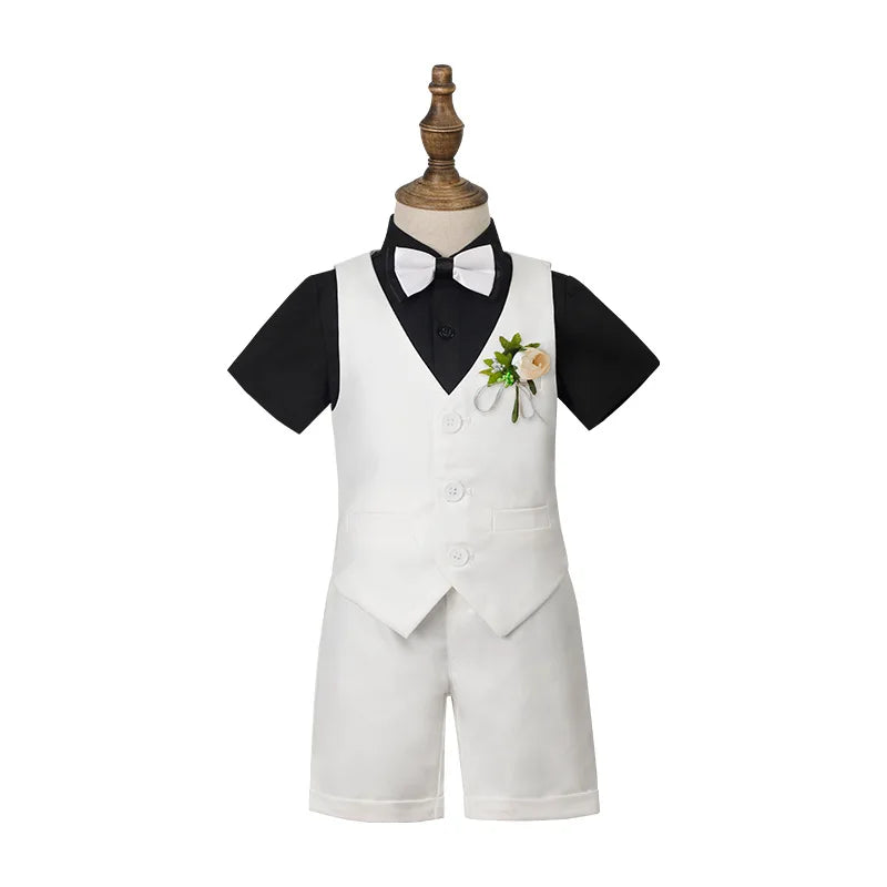 Luxury boys baptism photography suit set in green and white, featuring a stylish vest, shirt, shorts, and coordinating bowtie for ages 7-13 years.