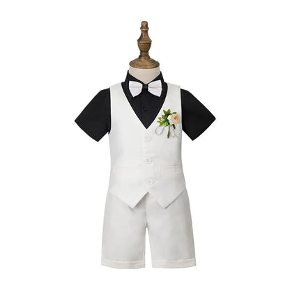 Luxury boys baptism photography suit set in green and white, featuring a stylish vest, shirt, shorts, and coordinating bowtie for ages 7-13 years.