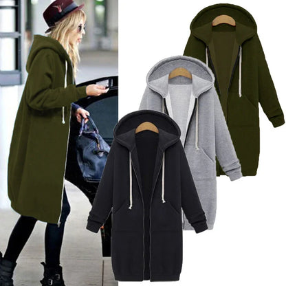 Elegant women's thick hooded parka jacket in stylish design, perfect for autumn and winter casual wear.
