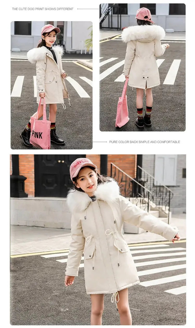 Trendy girls puffer coat in vibrant red, with a luxurious fur collar and designed to keep warm during the harsh winter season.