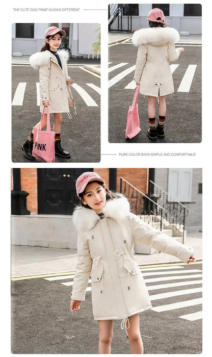 Trendy girls puffer coat in vibrant red, with a luxurious fur collar and designed to keep warm during the harsh winter season.