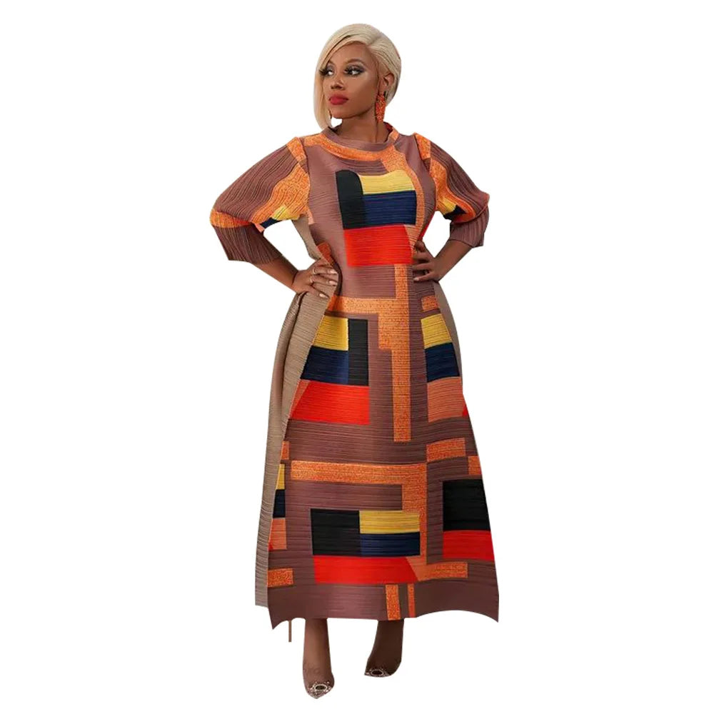 Elegant African Plus Size O-Neck Pleated Long Dress with 3/4 Sleeve in vibrant red colour, showcasing intricate dashiki patterns.