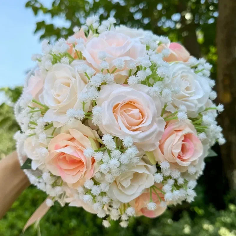 Elegant wedding bouquet crafted from high-quality silk, featuring pristine baby's breath roses and luxurious pearl lace for the modern bride.