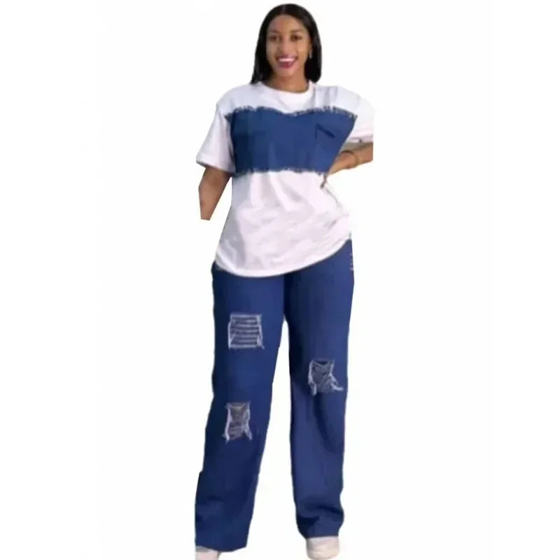 Elegant African Dashiki denim set for women, featuring a chic short sleeve top and stylish jeans, perfect for summer outings.