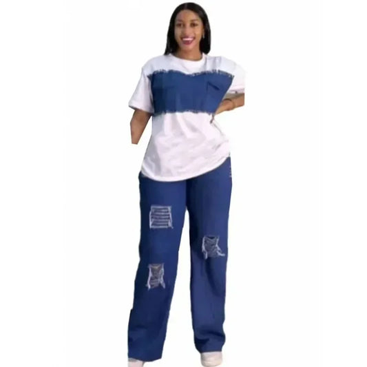 Elegant African Dashiki denim set for women, featuring a chic short sleeve top and stylish jeans, perfect for summer outings.