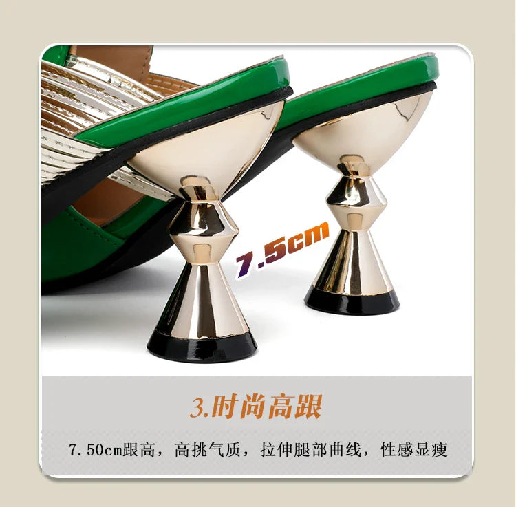 Chic green pointed toe mules with metal heel, designed for women, ideal for summer outings with a touch of sophistication and luxury.