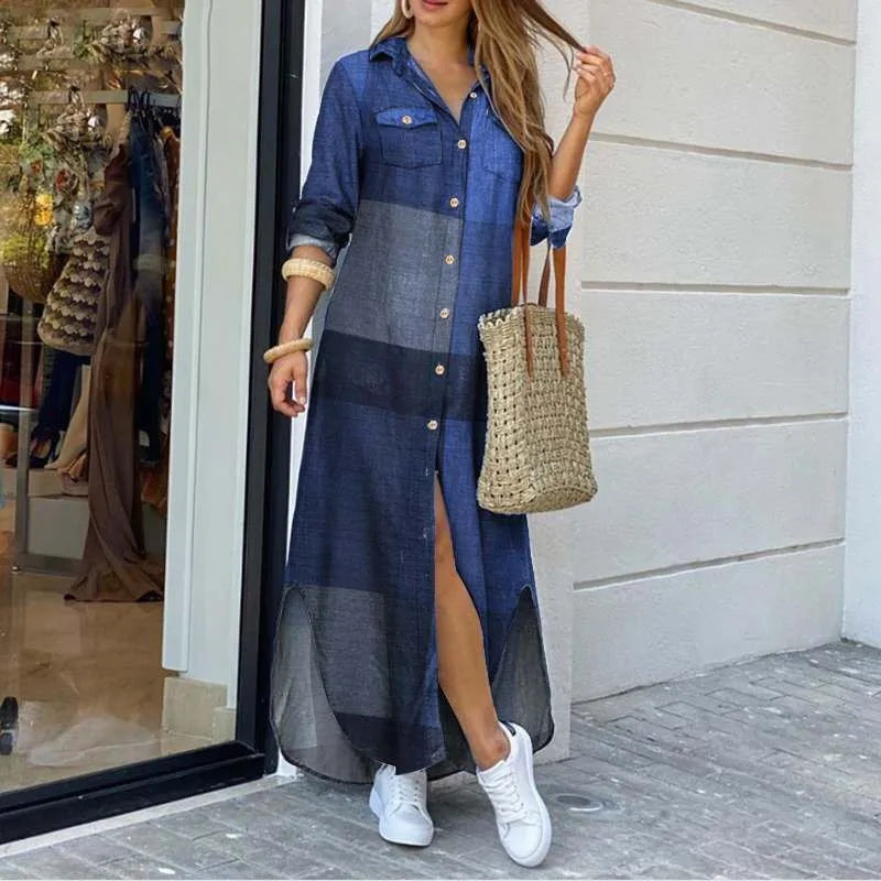 Elegant long sleeve plaid robe maxi dress with luxurious split detail and sophisticated turn-down collar, featuring stylish pockets for a chic touch.