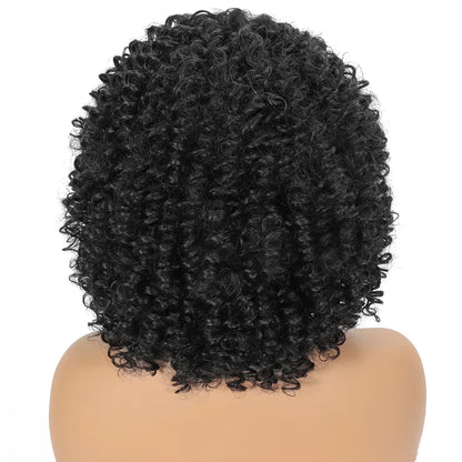 Elegant short blonde wig with Afro curly texture and chic bangs, perfect for enhancing your stylish persona.