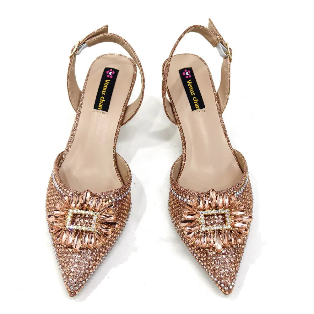 Close-up of pointed toe design on women's party shoes, showcasing the premium PU material and bling fashion element.