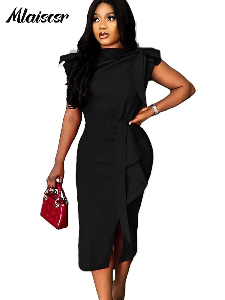 Stylish pencil dress by Mlaiscsr in a vibrant blue colour, designed with slim fit and mid-calf length, ideal for a sophisticated office lady look.