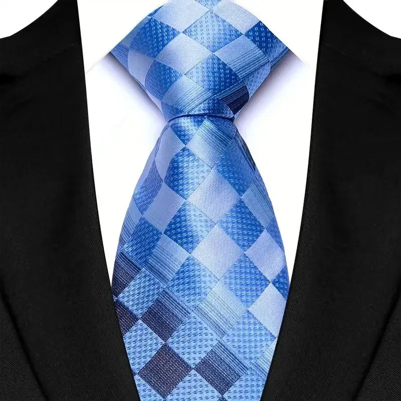 Luxurious 8CM classic men's neck tie in green blue plaid with floral jacquard woven design, exuding sophistication and style.