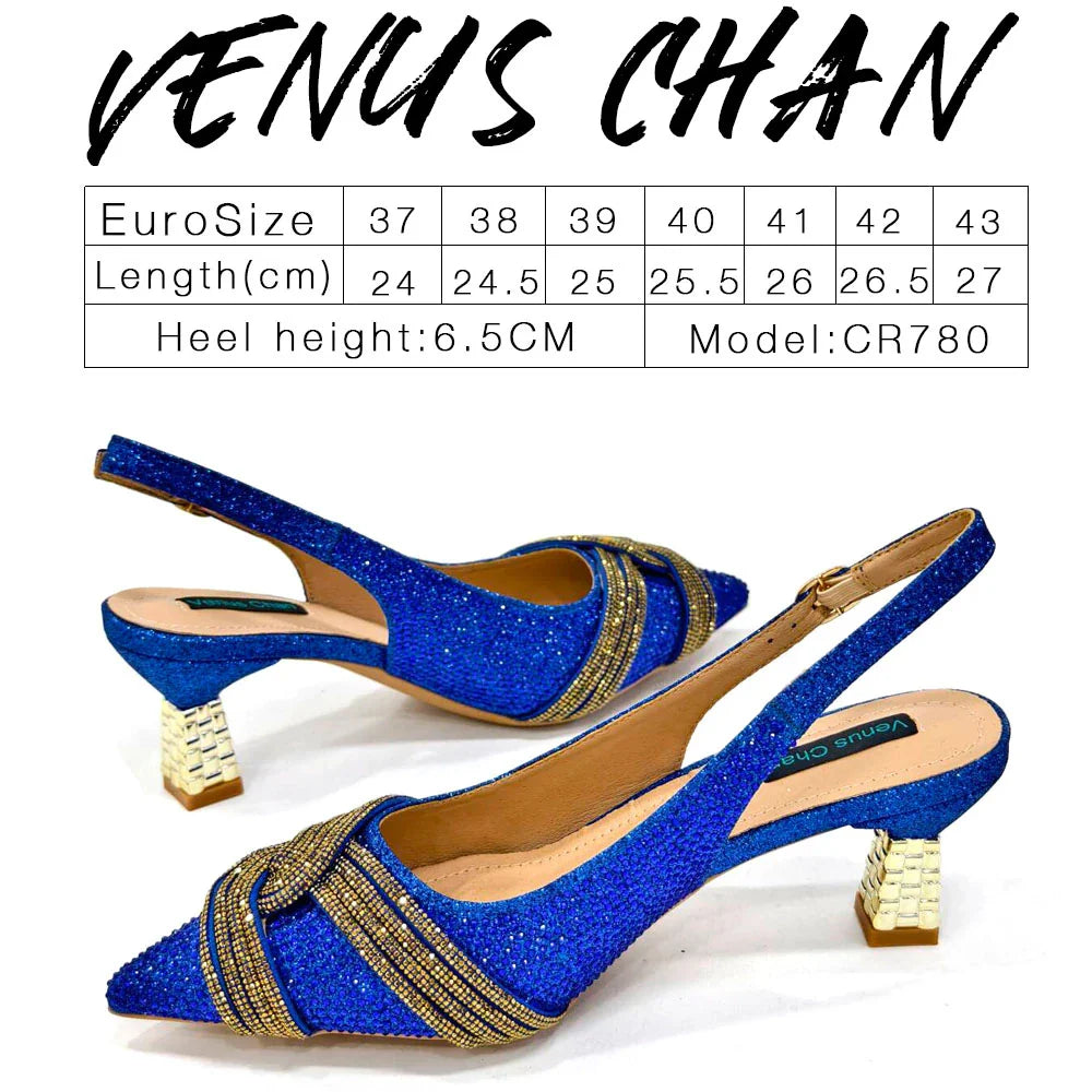 Chic and luxurious Venus Chan Champagne Rhinestone Handbag, complementing slingback heels - ideal for formal occasions.