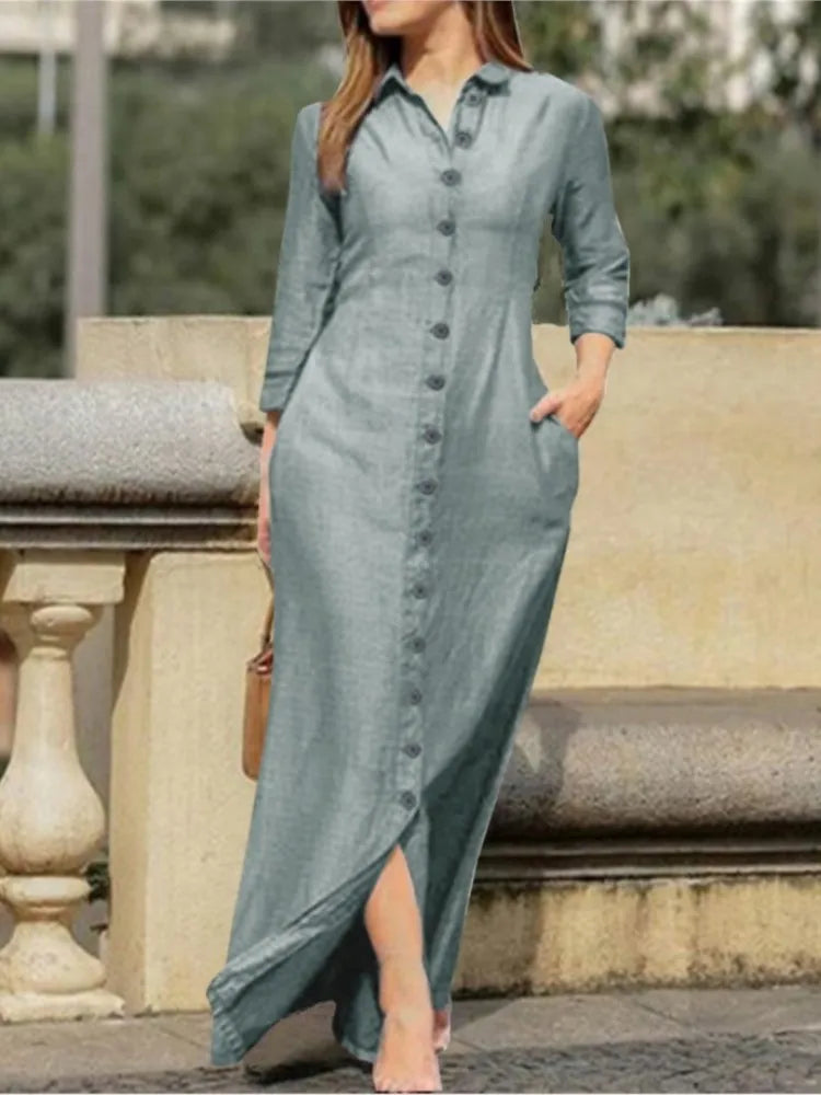 Chic and elegant long sleeve shirt dress for women, designed for middle-aged women, featuring a straight fit and solid pattern, perfect for autumn wear.