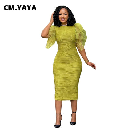 Luxurious CM.YAYA women's knee length striped dress, featuring elegant ruffles and stylish butterfly sleeves, perfect for evening chic events.