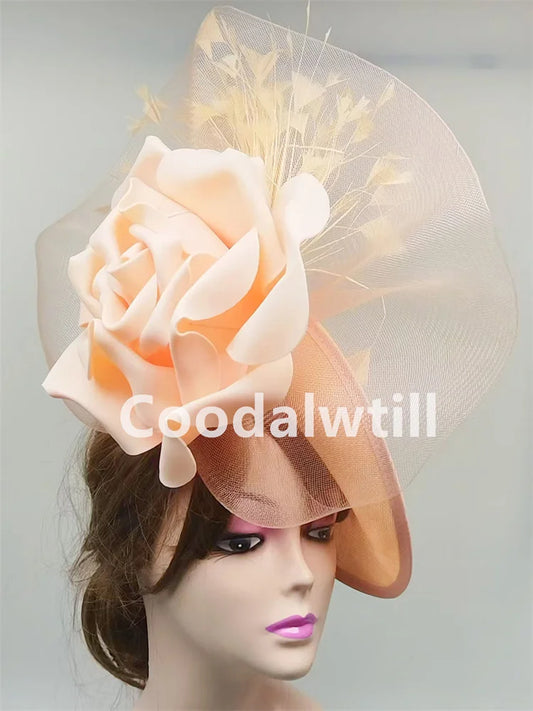 Close-up of the exquisite big flower fascinator hat for women, showcasing the intricate design and luxurious materials. Perfect for enhancing your style at weddings, Derby, and fashionable events, providing a touch of elegance to your look.