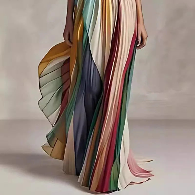 Elegant women's sleeveless asymmetrical maxi dress in colourful striped bohemian style, perfect for summer outings.