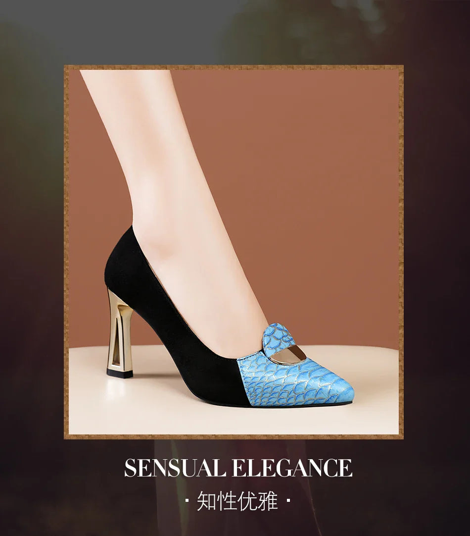 Chic women's heeled pumps with a pointed toe and luxurious suede material, designed for comfort and sophistication.