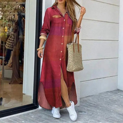 Elegant long sleeve plaid robe maxi dress featuring a sophisticated split detail, turn-down collar and ample pockets, designed for the discerning woman.