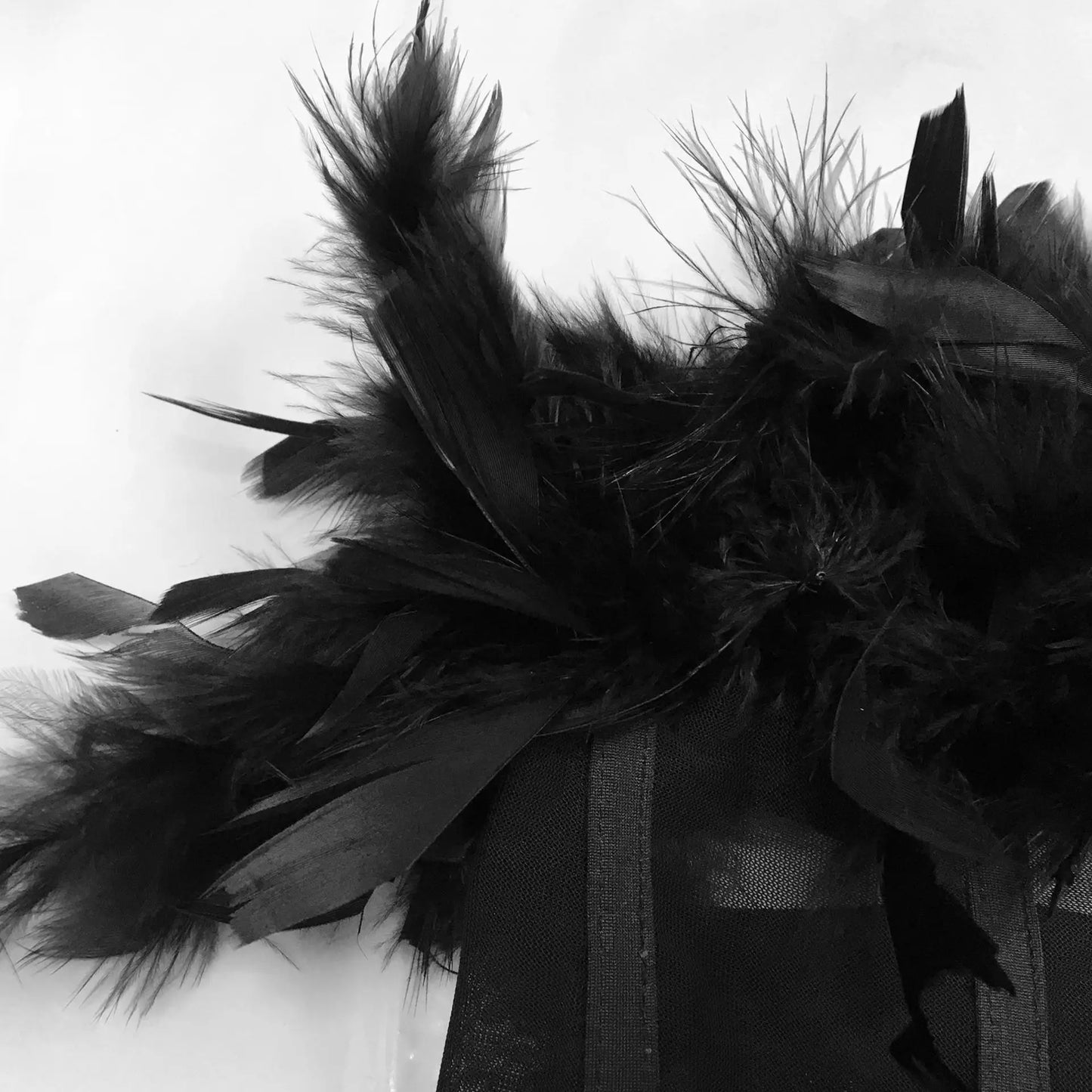 Elegant BKLD two-piece set displayed on model, featuring a strapless corset top and mini skirt with feather decoration, designed for the modern luxury lifestyle.