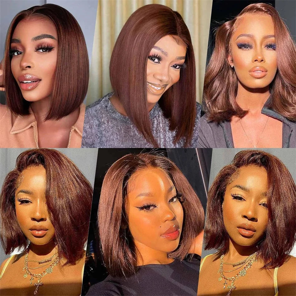 Premium Brazilian hair bob wig in chocolate brown, featuring HD transparent lace for a comfortable and undetectable fit, ideal for modern elegance.