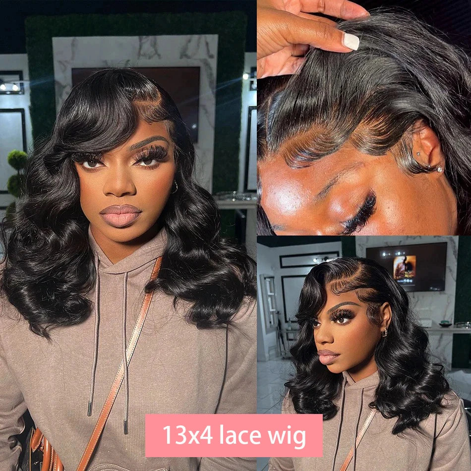 Luxury 13x4 Short Body Wave Lace Frontal Bob Wig made from 200% density Brazilian Remy human hair, featuring transparent lace and exquisite body wave texture.