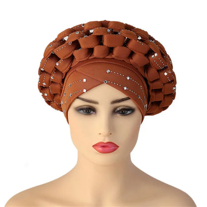 Stunning African Autogele Hijab Cap, combining tradition with elegance, adorned with glittering diamonds, suitable for every season and special occasion.