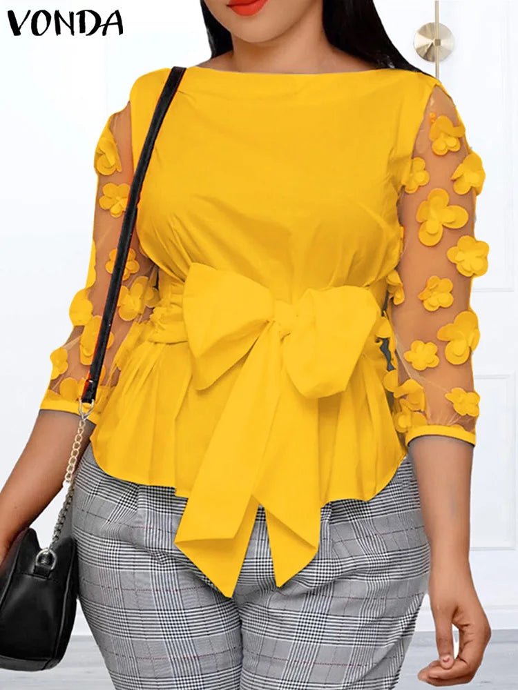 Elegant plus size VONDA women's mesh blouse featuring a bohemian patchwork design, adorned with sashes and intricate floral patterns, perfect for a luxurious summer look.