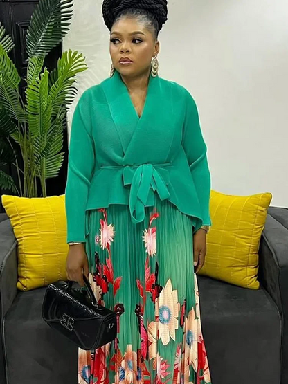 Luxury autumn 2-piece plus size skirt set featuring a batwing sleeve top and a pleated print skirt for sophisticated style.
