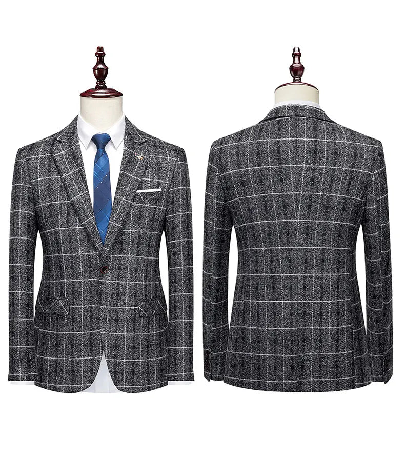 Luxurious men's suit set with a single breasted closure, includes a vest and trousers, expertly tailored for an elegant look at weddings and business events.