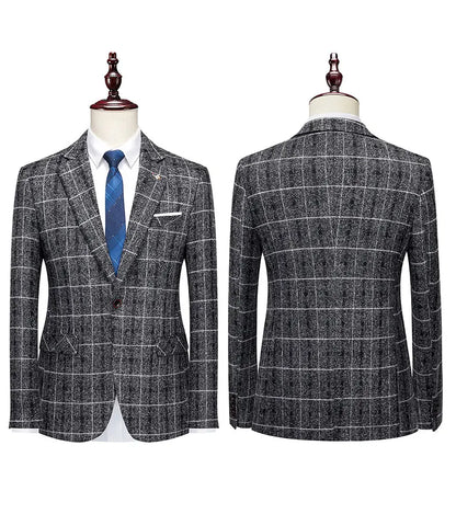 Luxurious men's suit set with a single breasted closure, includes a vest and trousers, expertly tailored for an elegant look at weddings and business events.