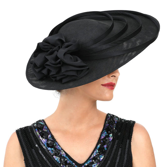 Chic polyester fascinator hat showcased against a subtle backdrop, ideal for race days and formal occasions, adding a touch of luxury to any outfit.