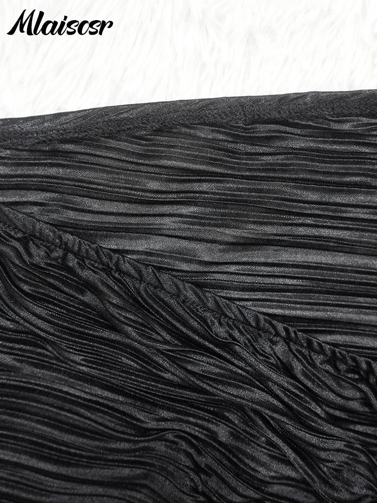 Elegant Mlaiscsr black dress set featuring a sexy crop top and pleated split skirt, perfect for sophisticated occasions.