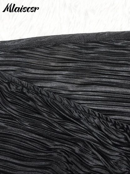 Elegant Mlaiscsr black dress set featuring a sexy crop top and pleated split skirt, perfect for sophisticated occasions.