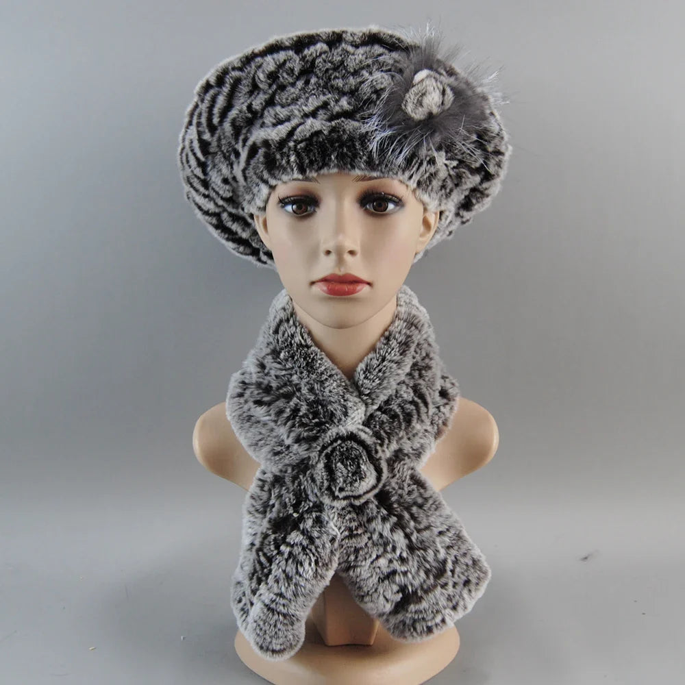 Fashionable women's faux fur hat and scarf set, showcasing sophisticated winter style with high-quality materials.