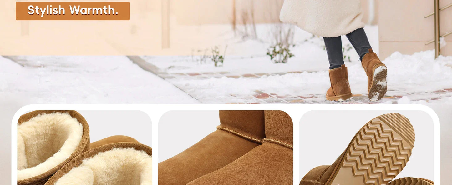 Chic cow suede ankle snow boots for women - Plush, stylish slip-on footwear ideal for winter elegance.