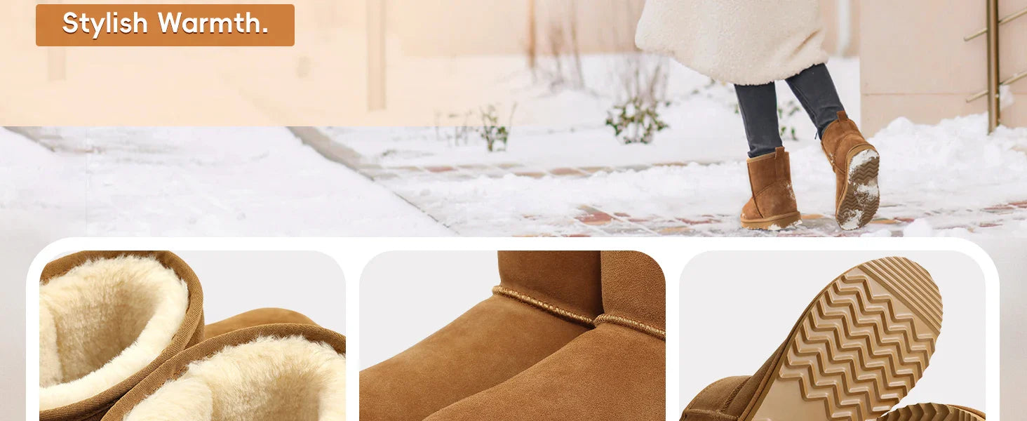 Chic cow suede ankle snow boots for women - Plush, stylish slip-on footwear ideal for winter elegance.