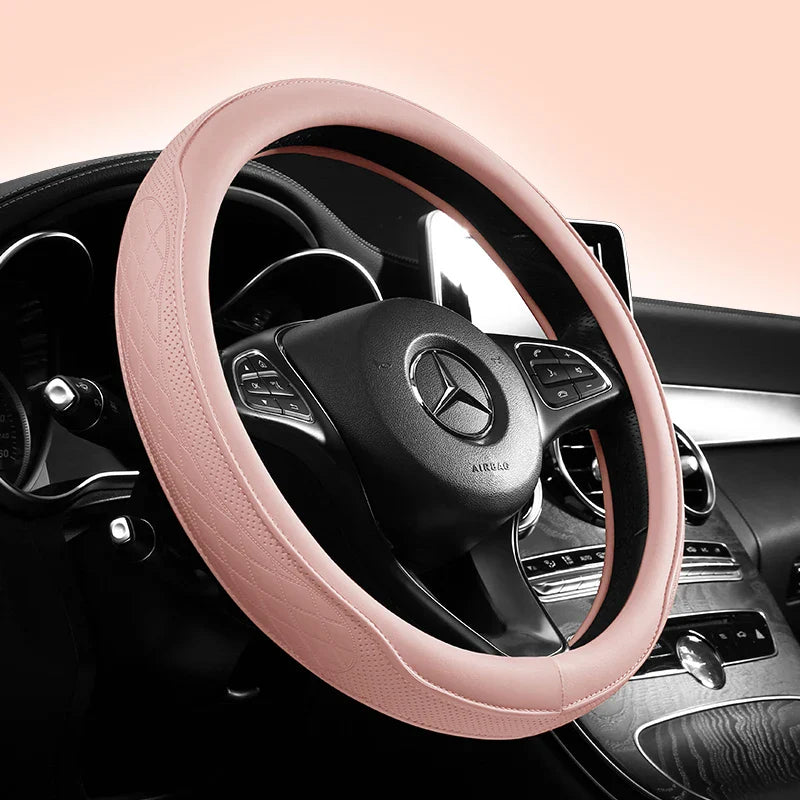High-quality perforated Napa leather steering wheel cover, 15-inch universal size, featuring a non-slip grip and a breathable texture for a luxurious driving experience.