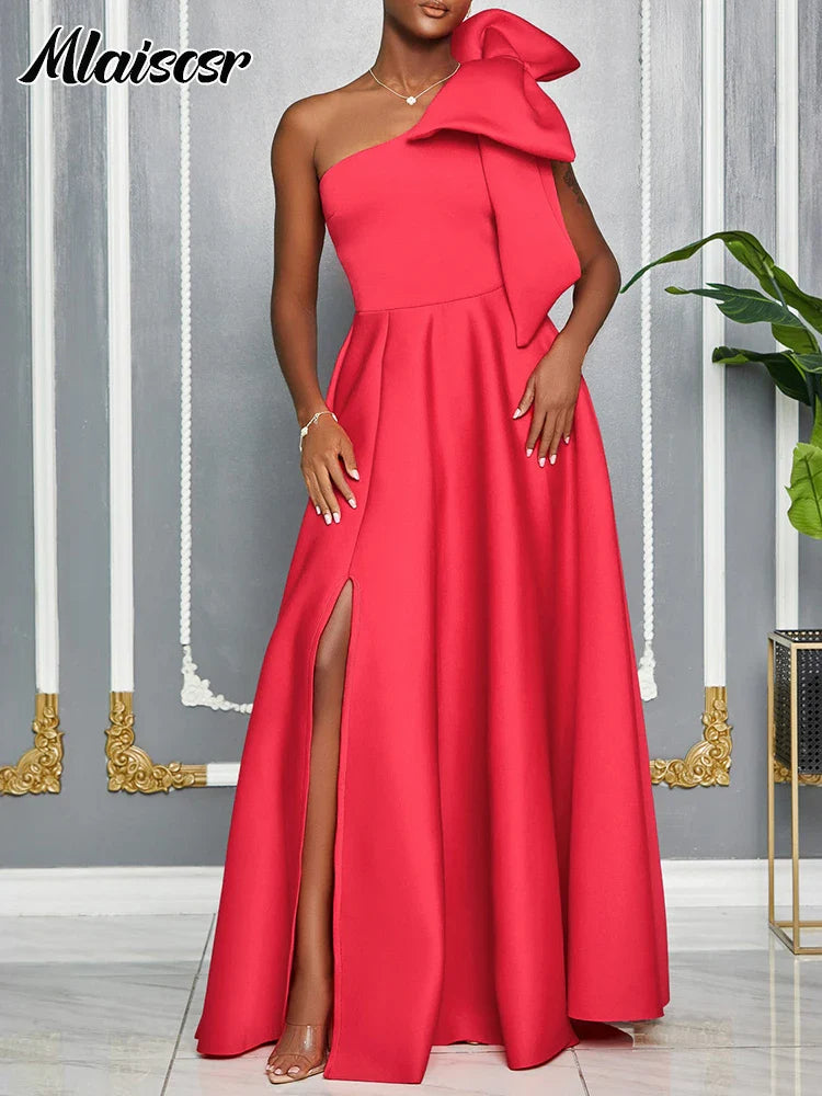 Mlaiscsr Elegant One-Shoulder A-Line Evening Dress showcasing intricate red polyester fabric and stunning oversized bow detail, perfect for sophisticated occasions.